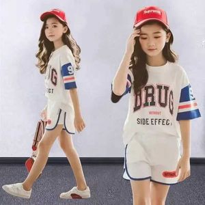 Tシャツ服セット新しい女の子スポーツサマーファッション韓国スタイル2ピースコットンTシャツ+パンツセット4-14歳の子供服セット子供ギフト服wx5.27