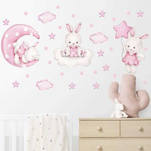 Decoração de parede desenho animado nuvens de lua rosa macia estrelas de coelho