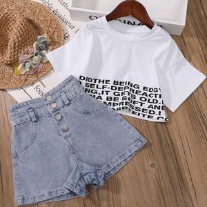 Tonåringar Kidskläder Set Summer Crop Tops T-shirt+Denim Shorts 2pcs Girl Outfits 4 6 10 12 Baby Girls Clothing L2405