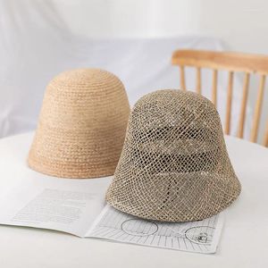 Breda randen hattar 2024 sommarsol för kvinnor retro platt hatt handgjorda halm damer utomhus skydd strand andas andas