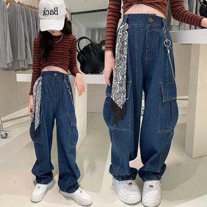 Hose neue 2023 Weitbein Jeans für Mädchen Herbst Blue Pocket Design Teenage Kids Cargo Hosen lässige Loosen -Tanzschule Hose y240527