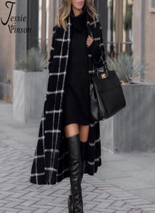 Jessie Vinson vintage preto capuz xadrez de trincheira longa feminina chique na rua com cinto de vento Trela ​​de ladra casaco de lã Winter 2014378927