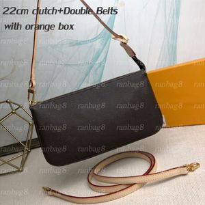Kvinnors handväskor små kopplingspåse dubbelbälten äkta läder kvinnor korsar kropp axelpåsar påse med orange låda 22 cm 277y