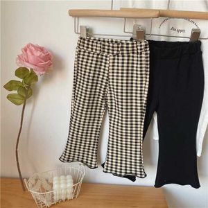 Trousers 2024 Spring New Baby Girls Plaid Knitted Flared Pants Kids Girl Cotton All-match Casual Trousers Y240527