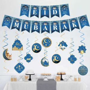 Banners Streamers Confetti 2024 Decoração Ramadan Star Moon Garlands pendurados redemoinhos Eid Mubarak Banner Kareem Decorações de festa muçulmana D240528