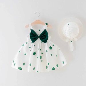 Mädchenkleider Sommer Neugeborene LDREN Baby Welle Dot Sling Kleid Big Bow Girl Puffy Rock Gehen mit Sonnenschatten Hut H240527 83zj