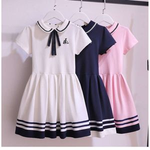 2023 Summer New Retro Girls Long Dress Cotton Sailor Kołnierz nastolatek Striped JK Ereepy Sukienki dziecięce ubrania maluch 7 10 12 rok L2405