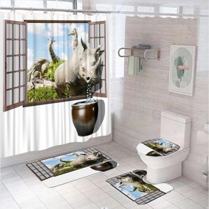 Cortinas de chuveiro Rhino elepha girafa cortina conjunto de tapete de tapete de tapete não deslizante Tapetes de banheiro selvagem Banheiro de tecido de animais selvagens banheiro