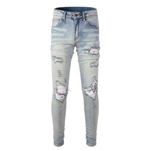 Men's Jeans Mens cracked pleated patch bicycle jeans street clothing elastic denim leggings light blue holes torn Trousers J240527