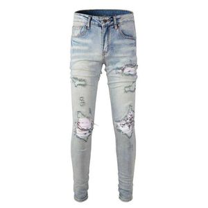 Mäns jeans män knäckt veckad lapp cykel jeans gata kläder elastiska denim leggings ljusblå hål rivna byxor j240527