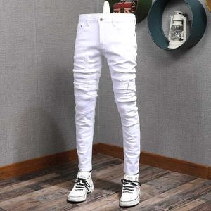 Men's Jeans Summer mens white jeans casual cotton slim fit straight pants mens fashionable street clothing tear patches denim Trousers J240527