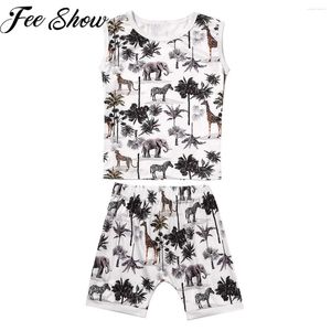 Kläder sätter sommar småbarn baby pojke kläder set för semester 0-3y barn ärmlös tecknad giraff väst tank tops shorts outfits