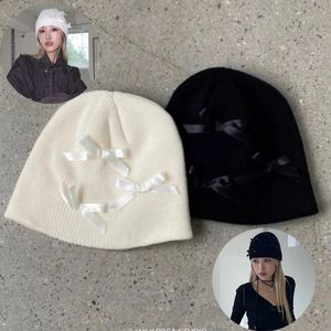 Japanese Ballet Bow Knitted Hat Sweet Cool Cold Hat Female Autumn Winter Warm Black White Solid Color Knitted Hat Boy Girl Y2k 240511