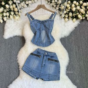 Sexy Spicy Girl Denim Set Womens 2024 Summer New Waist Suspended Top+Hip Wrapped Skirt Short Skirt Trend