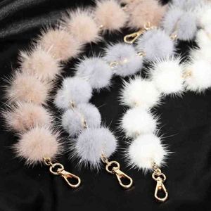 Ersättningspåse Rem Real Mink Fur Ball Pompom Handväska axelhandtag för kvinnliga handbälten Charm Winter Accessories R35 Q0630 259H