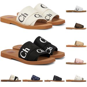 Designer woody slippers women mules flat slides Light Tan Beige White Black Lace Lettering Fabric Canvas sandals womens girls summer outdoors shoes