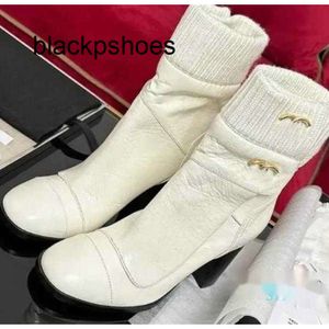 Channel CF Chanells Heel Designer Elastic Famous Mid Women Knitted Boots New Socks Panel Thick Sole Martin Boots Real Leather Face Down Metal Letter Label Brand Ladie