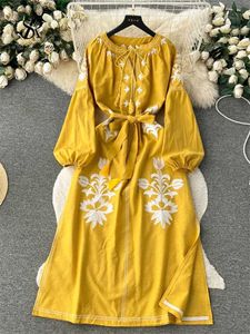 Grundläggande avslappnade klänningar Singreiny Autumn Retro Womens klänning Lace Up V-ringen Långa puffärmar Bandage Bow Brodery French High Grund Split Loose A-Line Dress J240527