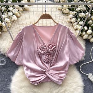 French design sense niche bubble sleeve top womens summer clothing stylish and unique three-dimensional flower twisted short shirt trend