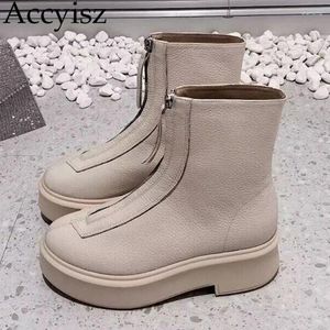 Boots Flat Thick Sole Genuine Leather Riding Women Round Toe Front Zipper Design Ankle Botas Ladiies Autumn Winter Short