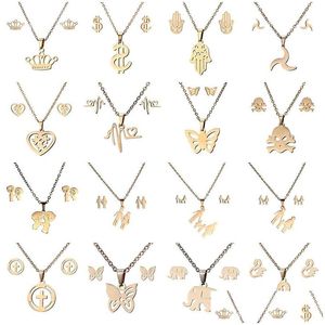 Earrings & Necklace 16 Styles 316L Stainless Steel Jewelry Sets Crown Skl Butterfly Elephant Heart Pendant Earring Set For Women Fash Dhmfy