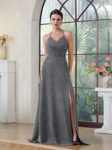 Sparkle Grey Mermaid Bridesmaid klänningar Elegant ärmlös veck Front Split Maid of Honor Gowns Satin Evening Prom Dress BM3218