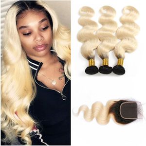 Peruvian 100% Human Hair 1B 613 Bundles With 4X4 Lace Closure Middle Three Free Part Body Wave 1B/613 Blonde Hair Extensions With Closu Twju