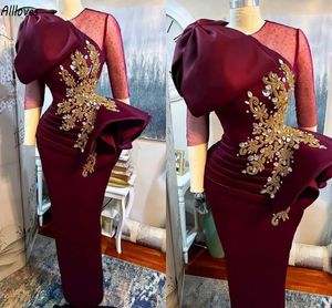 Big Bowknot Asymmetrie einzigartige Style-Prom-Kleider für Frauen Gold Spitzen Applikationen Perlen O-Neck Abendkleider mit 3/4-Ärmeln gerissen Satinscheide Lange formelle Verschleiß CL3580