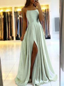 Mint Green Slip Evening Dresses Long Adjustable Straps A Line High Slit Women Evening Party Dress Maxi Bridesmaids Dress CPS3026