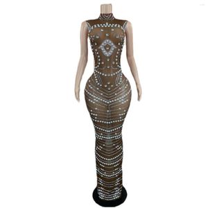 Stage Wear Brown Perspective Shining Rhinestones Pearls Sexy Sleeveless Long Dress For Women Evening Celebrity Singer Costumes 278w