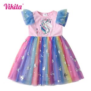 VIKITA Girls Cartoon Print Kids Flare Sleeve Summer Dresses Girl Colorful Mesh Tulle Birthday Party Princess Dress