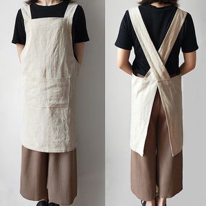 Japansk stil förkläde linne Pinafore Förkläde Square Cross Linen Förkläde tvättade grå brun svart långa linne förkläden inga band 240528