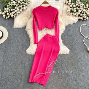 Fashion Set Korean Long Sleeve Round Neck High Waist Slim Fit Short Tassel Top Two Piece High Waist Wrap Hip Half Skirt