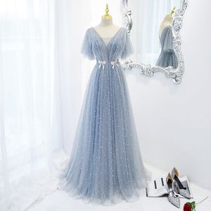 Shinning blue Sequin a line Prom Dresses new Luxury v Neck Lace Appliques Plus Size Birthday Party Gowns For Arabic Women Custom Made formal occasion bridesmaid dress