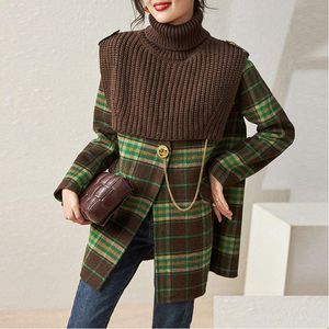 Womens Wool Blends 0C694M31 Autumn And Winter Coat Vintage Plaid Double-Sided Woolen Outerwear Knitted Sleeve Two-Piece Set Drop De Dhu2N