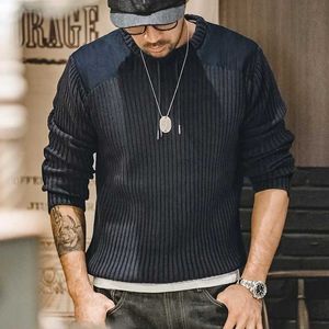 Мужские свитеры мадена вертикальная полоса Свитер-Свитер О-образное вырезок Slim Fit Mens Retro вязаные пуловые пластырь дизайн.