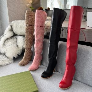 Designer thigh high boots, sheepskin classic printed fabric, women's shoes, slim heel pleated inner zipper, knee length 9CM high heel fashion boots, 35-43 with box
