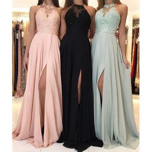 New Elegant Halter Chiffon Long Bridesmaid Dresses Lace Applique Split Wedding Guest Dress Maid Of Honor Dresses 223x