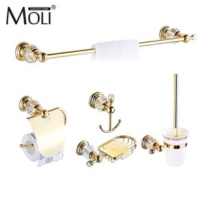 Gold Finish Crystal Decoration Metal Bathroom Accessories Set Robe Hook Cup Brush Holder Towel Holders Soap Dish Paper Rack ML70 LJ2012 2287