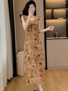 カジュアルドレス夏の韓国のプリントワンピースドレス女性ファッションシックなフリルスクエアカラーMIDI 2024エレガントボディーコンパーティー