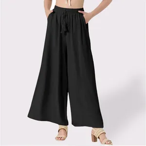 Women's Pants Summer Vintage Loose Trouser Elastic High Waist Solid Drawstring Casual Temperament Wide Leg Draped Long