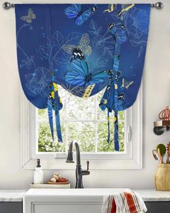 Curtain Butterfly Flower Blue Window For Living Room Home Decor Blinds Drapes Kitchen Tie-up Short Curtains