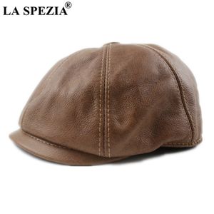 LA SPEZIA Khaki Men's Newsboy HAP Genuine Cowskin Leather Octagonal Cap Male Beret Autumn Winter Men Vintage Duckbill Hats 201216 275B