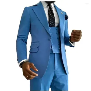 Męskie garnitury niebieskie mężczyźni formalne wycięcie klapy Business Blazes Wedding Groom Tuxedo Slim Fit Man Custom Wear 3 sztuki kamizelka spodnie