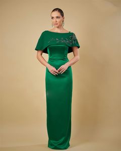 Grüne Perlen gerade Abendkleider mit Cape O-Neck Long Formal-Kleiderbodenboden Satin Vestidos de Novia