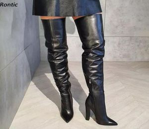 Rontic New Fashion Women Winter Thigh Boots Matt Side 지퍼 chunky Heels 뾰족한 발가락 우아한 검은 색 캐주얼 신발 미국 크기 5155912802