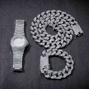 Watch Necklace Bracelet HipHop Curb Cuban Chain Gold Iced Out Miami Paved Rhinestones CZ Bling Rapper for Men Party Jewelry Gift X0509 310D