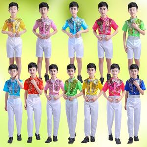 110-170cm 2PCs Children QERFORMANCE Latin Dance Costumes 7colors Boys Sequin Bow Tie T-shirt Trousers Shorts Girls Clothing Set 262h