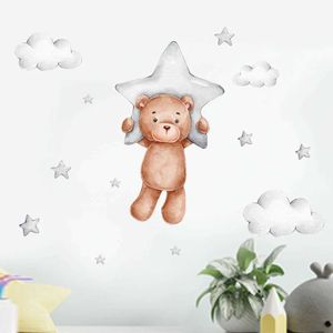 Decoração de parede FUNY FUNY BONITO Urso Wall Starters Cartoon Animais Stars Flying Cloud For Nursery Decoração de casa Arte Sala Decalque Pvc Posters removíveis D240528