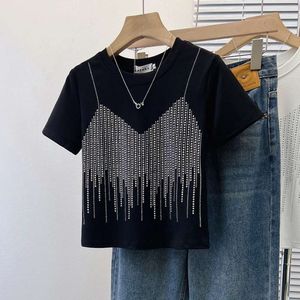 Designer Luxury Chaopai Classic Diamond Short Sleeve T Shirt Female Slim Fit Fake Two Shiny Round Neck Top Summer Casual Aesthetic Y2k Tee Korean Kawaii Clothes